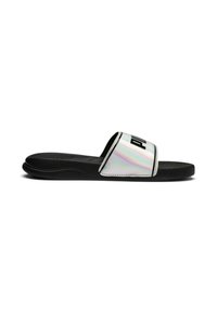 Infradito neri con una fascia iridescente che presenta il logo in grassetto nero. Soletta texturizzata e design della suola flessibile per il massimo comfort.