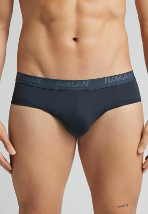 Dunkelgraue Herrenunterhosen aus glattem Stoff, mit einem elastischen Bund mit eingeprägten Buchstaben, enger Passform und minimalistischem Design.