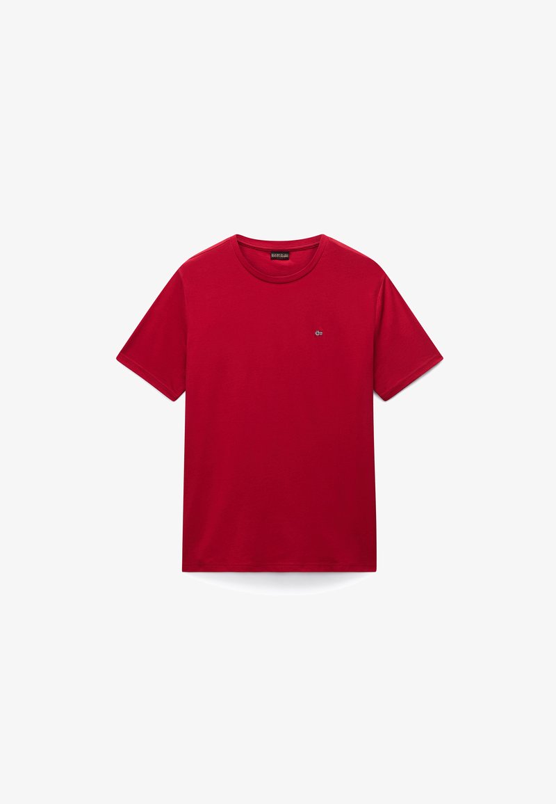 T-shirt rossa a maniche corte realizzata in cotone morbido. Scollo tondo, vestibilità comoda, con un piccolo logo sul petto a sinistra. Design semplice.