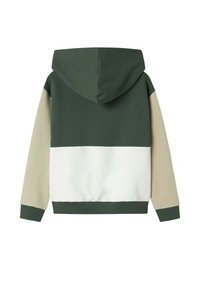 Sweat à capuche avec un design en blocs de couleurs vert foncé, beige et blanc. Fabriqué en tissu doux, avec des poignets et un ourlet côtelés.