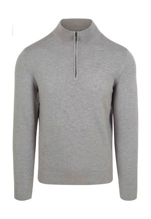 Gray pullover sweater with a high neck and half zipper, made from a soft textured fabric. Ribbed cuffs and hem finish the design.