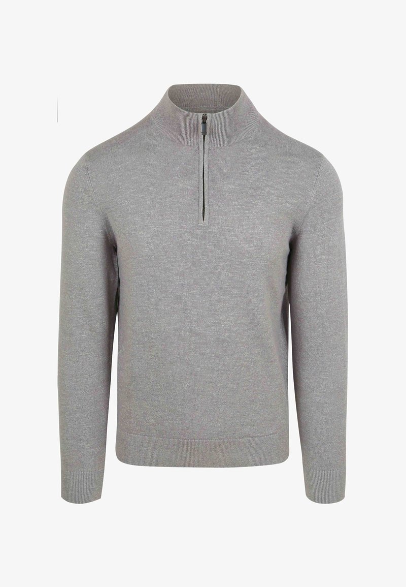 Gray pullover sweater with a high neck and half zipper, made from a soft textured fabric. Ribbed cuffs and hem finish the design.