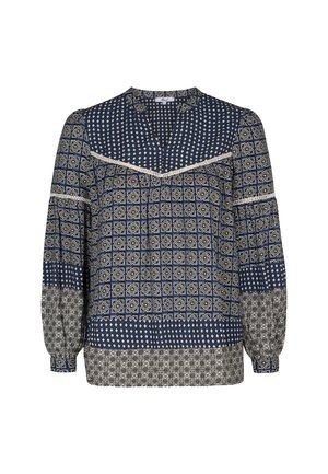 Navy blauwe blouse met patroon en lange mouwen, met geometrische ontwerpen, een v-hals en elastische manchetten. Inclusief gedetailleerde accenten.