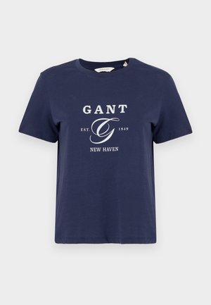 Navy blue cotton t-shirt, crew neck, short sleeves, featuring a white graphic logo with "GANT," “EST. 1949,” and “NEW HAVEN.”