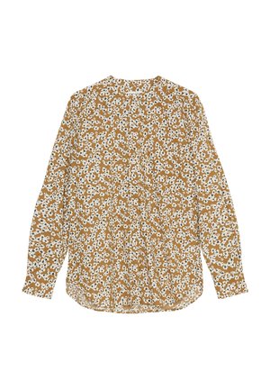Langærmet skjorte med knapper i lysebrun med små hvide og sorte blomsterprint, rund halsudskæring og let buet kant.