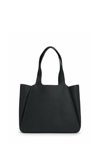 Sort shopper-taske med tekstureret læderfinish, der har to robuste håndtag, et kantet design og et rummeligt indre.