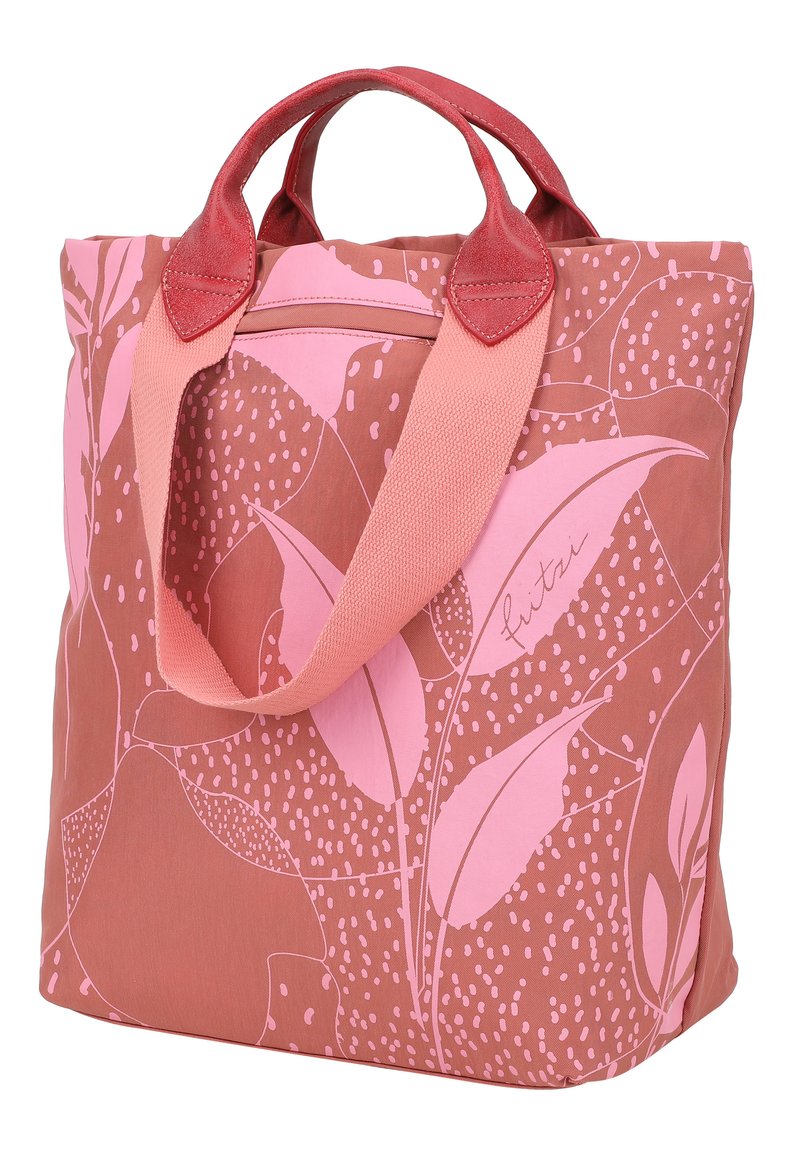 Bolsa tote reutilizable en rosa y terracota, con un patrón de hojas, tela suave, asas dobles con acentos contrastantes y cierre superior con cremallera.