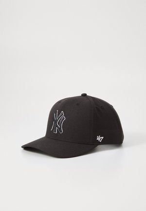 Black baseball cap made of fabric, featuring an embroidered white New York Yankees logo on the front and a small white '47' on the side.