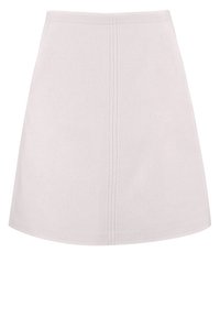 Falda A-line de color gris claro, hecha de tejido texturizado; cuenta con una cintura alta y costuras sutiles en la parte delantera. Bajo acampanado.