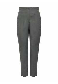 Gray tailored trousers with a straight leg design, featuring pleats at the front, a smooth texture, and a classic waistband.