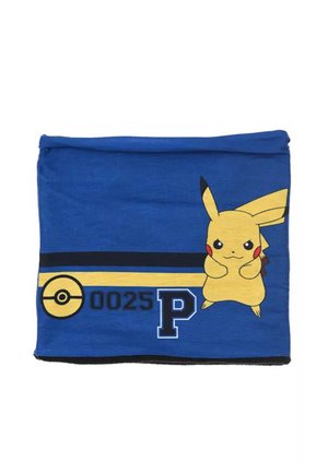 Blue fabric neck warmer with Pikachu graphic, Poké Ball symbol, number 0025, and letter P on the front.