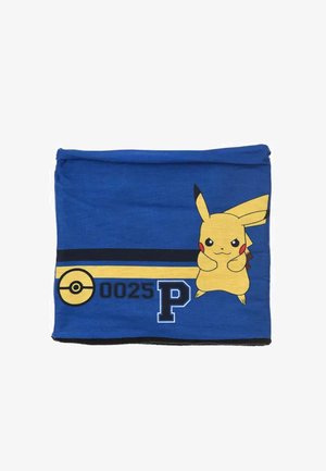 Blauwe stoffen nekwarmer met Pikachu-graphic, Poké Ball-symbool, nummer 0025 en de letter P aan de voorkant.