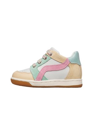 Scarpa da ginnastica bassa per bambini in pelle bianca, camoscio beige, accenti rosa pastello e verde, linguetta sul tallone azzurro chiaro e suola in gomma, vista laterale.