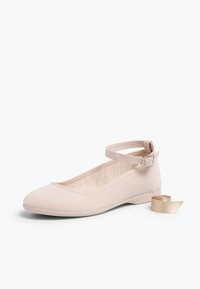 Ballet flats in light pink suede with a rounded toe and an adjustable ankle strap, accompanied by a rolled satin strap.