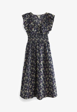 Granatowa sukienka midi w kwiaty, z dekoltem w serek, falbankami na krótkich rękawkach, marszczoną talią i rozkloszowanym dołem.