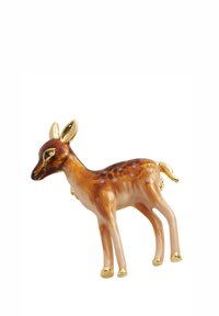 Glass figurine of a fawn, featuring a warm amber and brown color scheme, detailed with golden accents and a glossy finish.