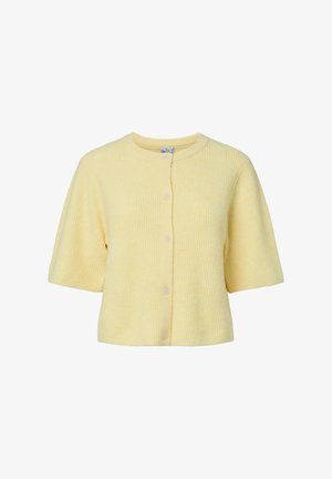 Kortærmet gul cardigan med ribbet struktur, rund halsudskæring og knapper foran. Blødt stof med løs pasform.