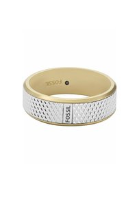 Fossil ring with a textured silver band and a gold-tone inner surface, featuring a logo accent and geometric pattern.