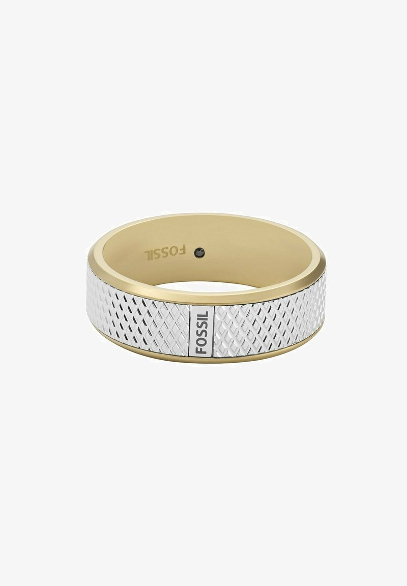Fossil ring with a textured silver band and a gold-tone inner surface, featuring a logo accent and geometric pattern.