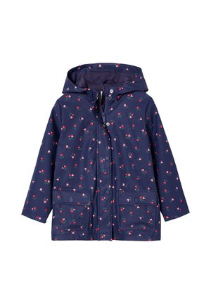 Marineblauer Regenmantel mit Kapuze, rotem und pinkem Blumenmuster, Frontreißverschluss und Druckknöpfen sowie zwei vorderen Klappentaschen.