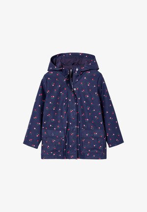 Marineblauer Regenmantel mit Kapuze, rotem und pinkem Blumenmuster, Frontreißverschluss und Druckknöpfen sowie zwei vorderen Klappentaschen.