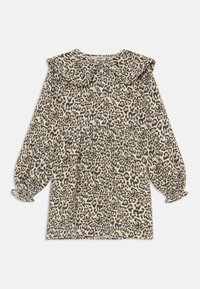 Vestido de leopardo con cuello con volantes, mangas largas, puños elásticos y cintura ajustada, en una combinación de colores beige y negro.