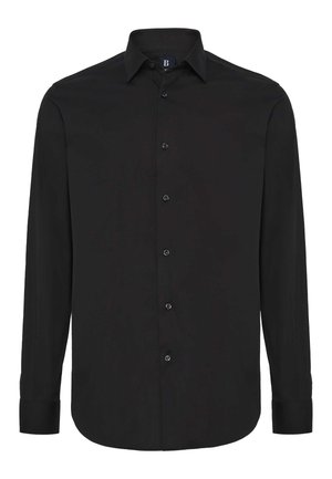 Black long-sleeve button-up shirt with a collar, featuring a smooth texture, rounded hem, and six front buttons.