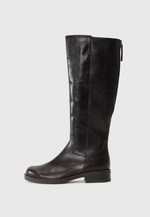 Knee-high black leather boots with a smooth finish, rounded toes, and a side zipper for easy wear. Sturdy low heels and sleek design.
