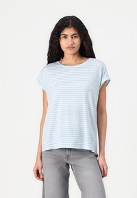 Lyseblå og hvite stripete t-skjorte med rund hals og korte ermer, laget av mykt stoff. Brukt med lysegrå jeans.