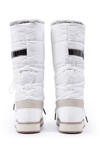 White puffy snow boots featuring a gray faux fur collar, glossy black accent stripe, and a beige rubber sole with textured details.