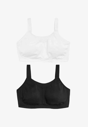 Dos sujetadores, uno blanco y uno negro. Ambos están hechos de una tela suave, presentan tirantes ajustables y un diseño blando y elástico para mayor comodidad.