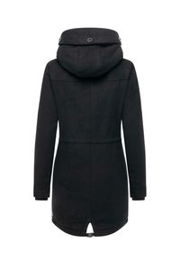 Svart kappa med huva, med en rak skärning, tryckknappdetaljer och en split i botten för rörlighet. Slät textur.