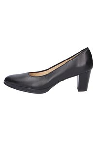 Black leather pump shoe with a rounded toe and a mid-height block heel; smooth texture with minimal stitching detail.