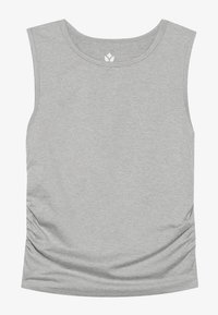 Light gray sleeveless top with a rounded neckline and side ruching detail, displayed against a white background.