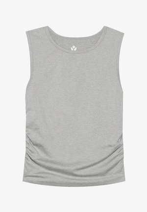 Svetlo šedý top bez rukávov s okrúhlym výstrihom a bočnými riaseniami, vystavený na bielom pozadí.