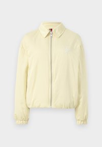 Gaiši dzeltena bombers jakas ar rāvējslēdzēju, elastīgām piedurknēm un izsmalcinātu izšuvumu uz krūtīm. Gluda auduma tekstūra.