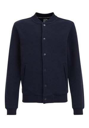 Blouson aviateur bleu marine avec boutons-pression, col, poignets et ourlet côtelés, et deux poches avant passepoilées.