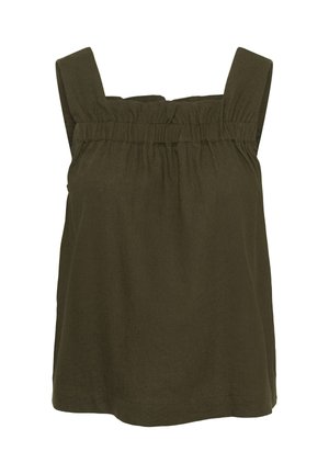 Sleeveless dark olive green top with wide shoulder straps and a gathered elastic detail at the square neckline.