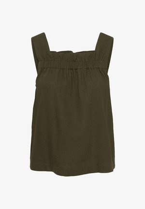 Top verde măsliniu închis fără mâneci, cu bretele late și detaliu elastic adunat la decolteul pătrat.