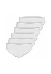 Fünf weiße nahtlose Damenunterwäsche-Briefs, diagonale gestapelt auf einem schlichten weißen Hintergrund.