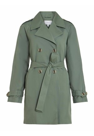 Hellgrüner Trenchcoat aus glattem Stoff, mit doppelreihigem Design, tailliertem Gürtel und Schulterklappen.