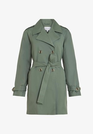 Svijetlozelena trench kaput od glatkog materijala, s dvostrukim kopčanjem, pojasom u struku i epauletama na ramenima.