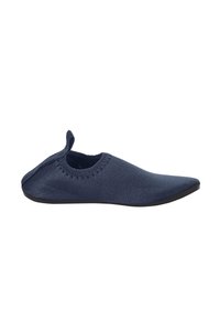 Navy blue slip-on shoe with a smooth fabric upper, curved silhouette, decorative stitching around the opening, and a textured black sole.