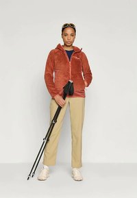 Kurtka polarowa w kolorze rdzy z zamkiem z przodu, zestawiona z beżowymi spodniami. Postać trzyma kijki trekkingowe i ma na sobie lekkie buty.