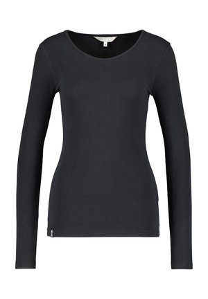 Schwarzes langärmliges eng anliegendes Hemd mit rundem Ausschnitt, Größe Small, auf weißem Hintergrund präsentiert.