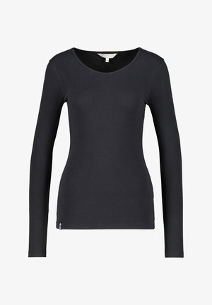 Schwarzes langärmliges eng anliegendes Hemd mit rundem Ausschnitt, Größe Small, auf weißem Hintergrund präsentiert.