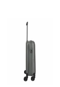 Valise rigide grise avec une poignée télescopique extensible et quatre roues doubles pivotantes, présentée en profil latéral sur fond blanc.