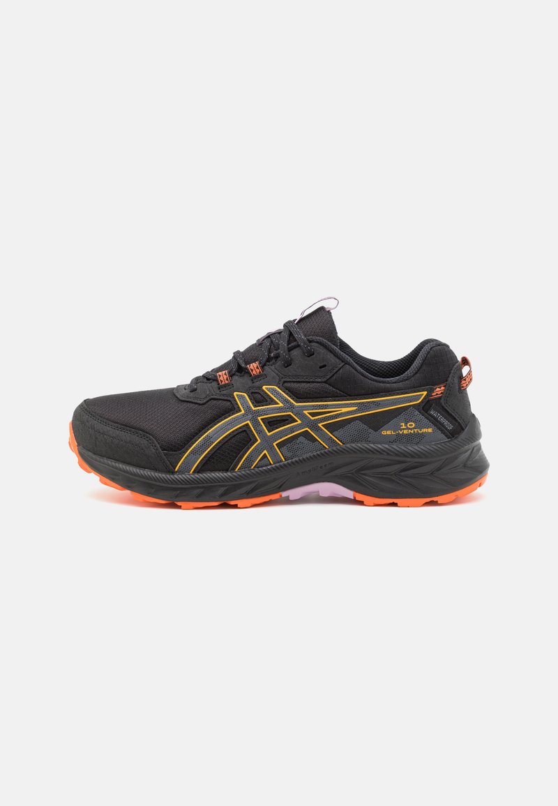 Black athletic shoes with a textured mesh upper, featuring orange accents and a cushioned sole. Designed for durability and comfort.