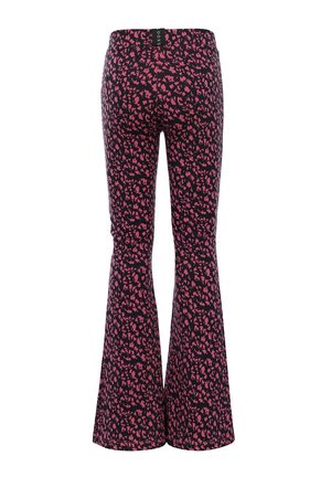 Schlaghosen aus schwarzem Stoff mit pinkem, abstraktem Muster. Verfügen über einen elastischen Bund und eine enge Passform an den Oberschenkeln.