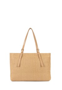 Borsa tote in tessuto beige con texture perforata, forma piatta e due manici in pelle regolabili. Finiture in metallo argentato sui manici.
